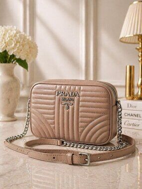 Authentic Prada Diagramme Camera Bag Nude Beige Leather Crossbody Chain Luxury
